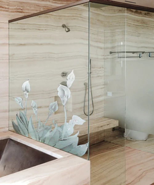 PRL Shower Glass Options -Sandblasted Lilies 